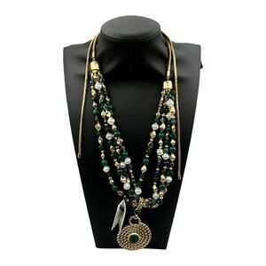 Chico's Emerald Goddess Multi Strand Necklace Green Gold Pearl Adjustable NWT